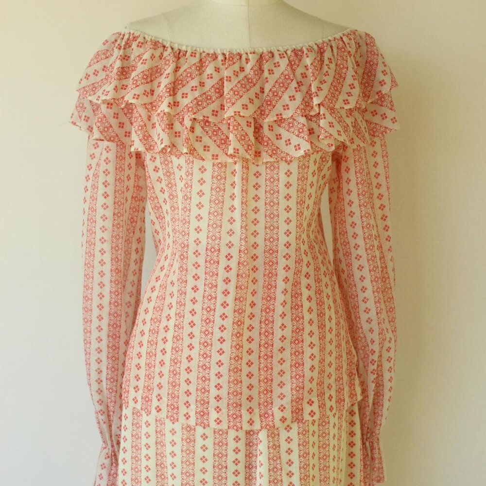 Vintage 1960s 1970s Skirt and Blouse, Neiman-Marcus Orange and Cream Peasant Sty - Picture 4 of 10